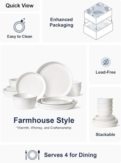 LE TAUCI Ceramic Plates and Bowls Set for 4, 12-Piece Ceramic Dinnerware Set, Farmhouse Dishes Set, Microwave & Dishwasher Safe, Stackable, 10" Dinner+8" Salad Plates+6" Bowls, White