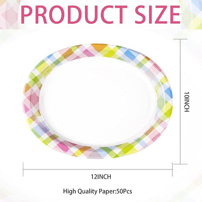 50Pcs Easter Oval Paper Plates 10" x 12" Large Disposable Heavy Duty Color Easter Buffalo Plaid Checkered Paper Platters Spring Rainbow Dessert Plates for Holiday Dinner Birthday Party Supplies
