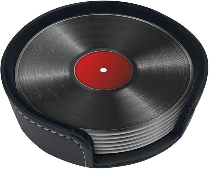 Drink Coasters with Holder Stand Set of 6, Phonograph Record Vinyl Pu Leather - Image 6