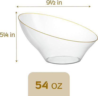 PLASTICPRO Angled Plastic Bowls Disposable Large Plastic Clear Serving Bowls with Gold Rim for Party for Appetizer Salads Pack of 4