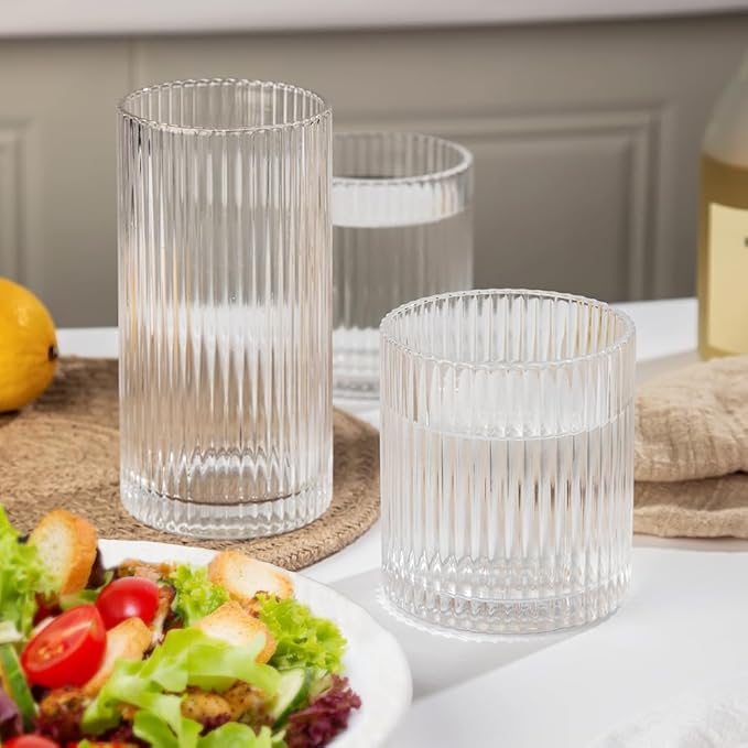 Ribbed Drinking Glasses 4pcs, 12oz and 10oz Glassware, Tumbler Glasses Cup Set - Image 4