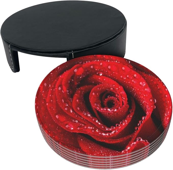 6 Pcs Red Rose Leather Coasters - Image 3