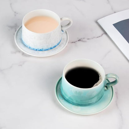 KAMMAK Tea Cups and Saucers Set of 2, 7.5 oz Glaze Coffee Mugs, 726N | - Image 3