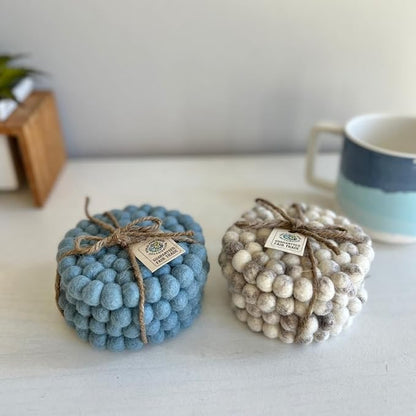 Humble Hilo Handmade Felt Coaster, 3.9 inches, Set of 4 (Dusty Blue)