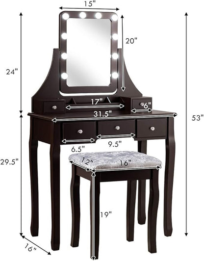 DORTALA Vanity Table Set w/ 360-Degree Rectangular Mirror & Cushioned Stool, Makeup Table w/ 10 LED Dimmable Bulbs, Bedroom Wood Dressing Table w/ 5 Drawers & Removable Box Organizer, Brown
