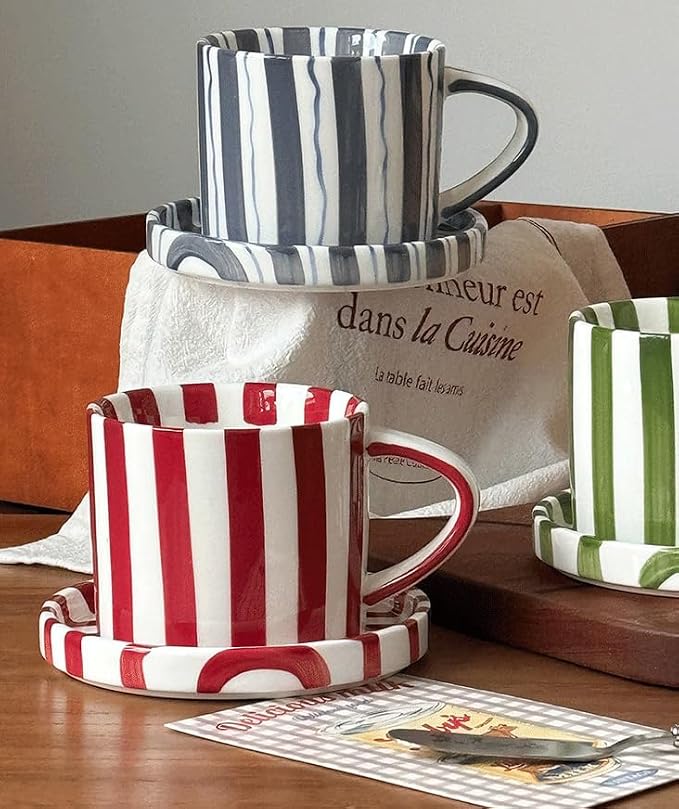 Cup and Saucer Set Hand-Painted Red Stripes, 8 Oz Ceramic Coffee Mug, Espresso - Image 3