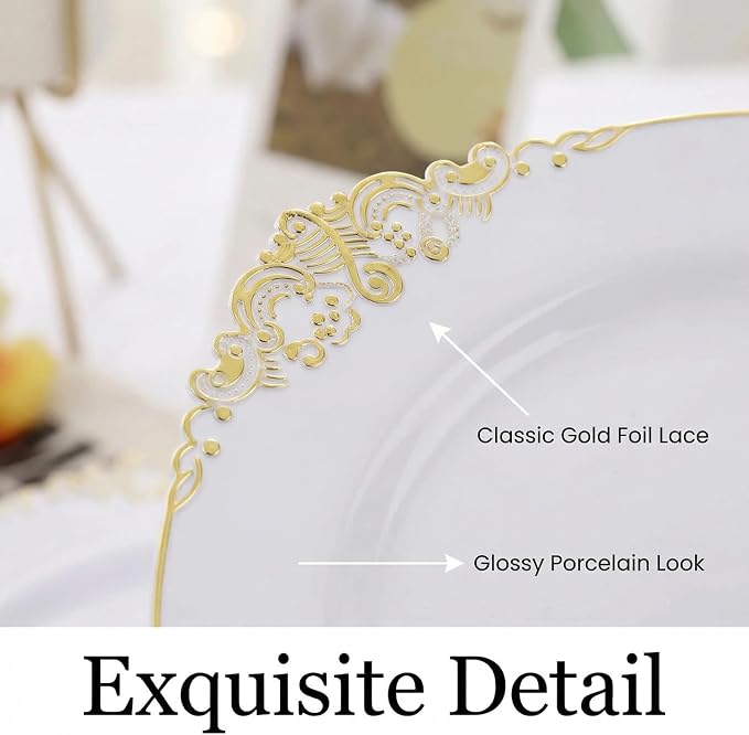 25 Pack 10.5 Inch golden Rim Plastic Plates, Heavy Duty Disposable White - Image 5