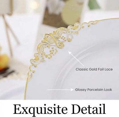25 Pack 10.5 Inch golden Rim Plastic Plates, Heavy Duty Disposable White - Image 5