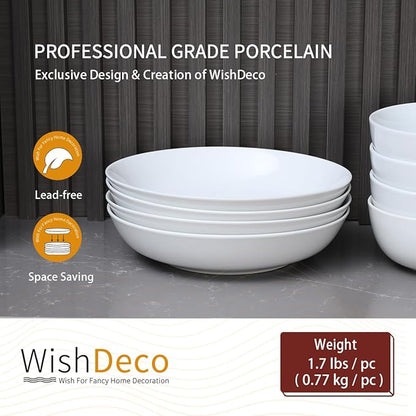 White Pasta Bowls Set of 4, Porcelain Salad Bowls 37 oz, Wide and Shallow Serving Bowl 9 Inch, Large Pasta Plates, Serving Dishes for Soup, Dinner, Microwave and Dishwasher Safe
