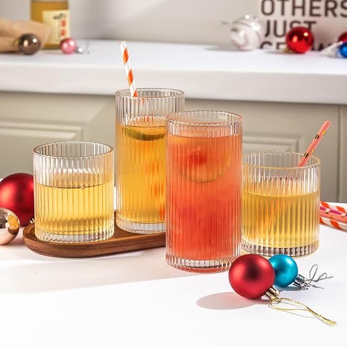 Ribbed Drinking Glasses 8pcs, 12oz and 10oz Glassware, Tumbler Glasses Cup Set - Image 3
