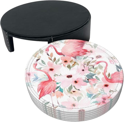 6 Pcs Watercolor Flamingo Tropical Floral Leaves Leather Coasters - Image 3