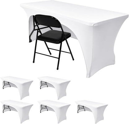 Nasitos 6 Pack White Tablecloth Rectangle for 8 Foot Tables-Open Back Fitted Stretch Spandex Table Covers, Washable Wrinkle-Free Trade Show Table Cover for Parties, Wedding, Banquet, Craft Fair
