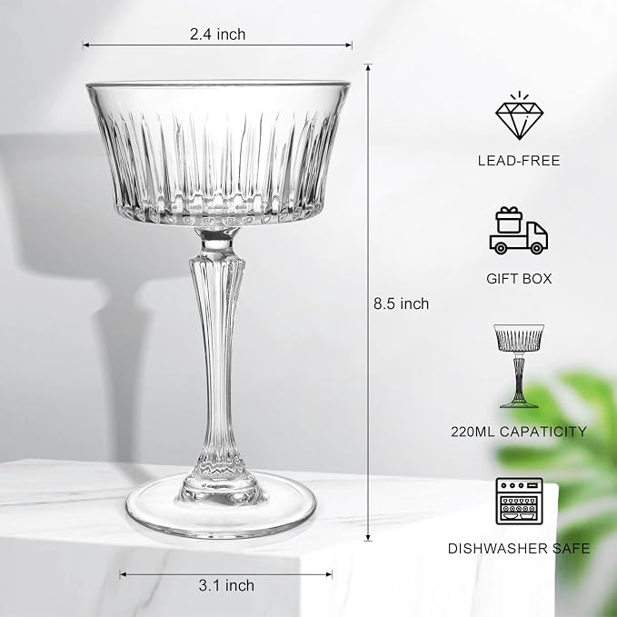 Coupe Glasses Set of 4, 8oz Vintage Coupe Martini Glass, Crystal Cocktail - Image 3
