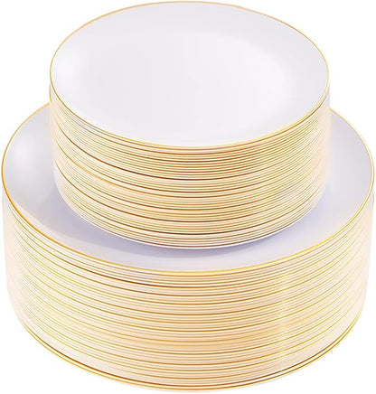 KIRE 100PCS White Plates with Gold Trim by KIRE