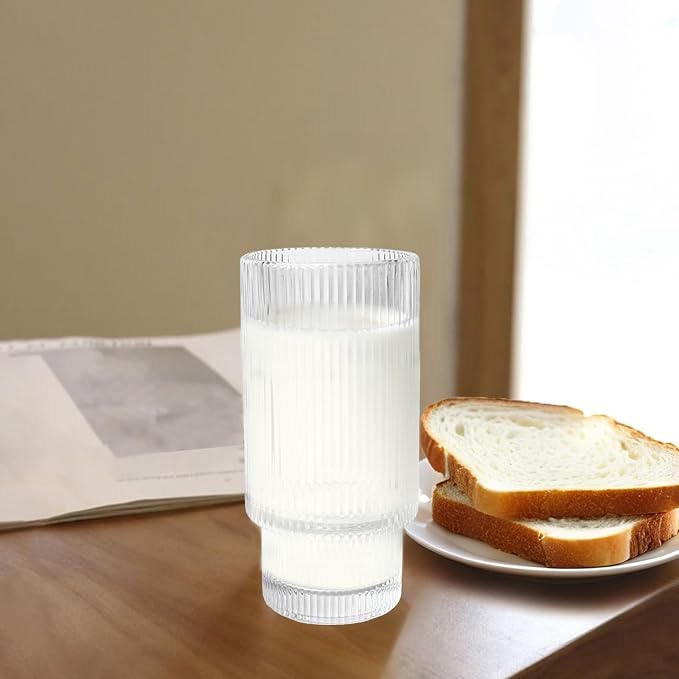 XKXKKE 12 oz Ribbed Drinking Glasses Set of 6, Highball Glass Cups Ridged Glass - Image 4