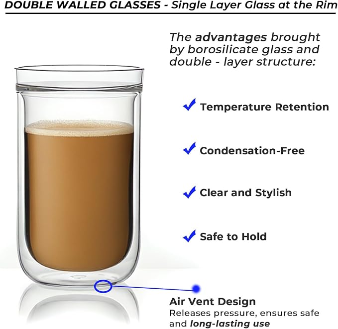 Aquach 12oz Double Walled Glass Coffee Cups Set of 2, Insulated Tumblers | - Image 5