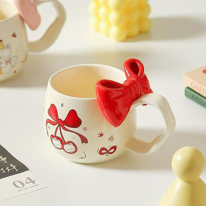 DTIUYIOP-Cute Cherry Cat Ceramic Coffee Mugwith 3D Bow & Bow Spoon | kawaii - Image 3