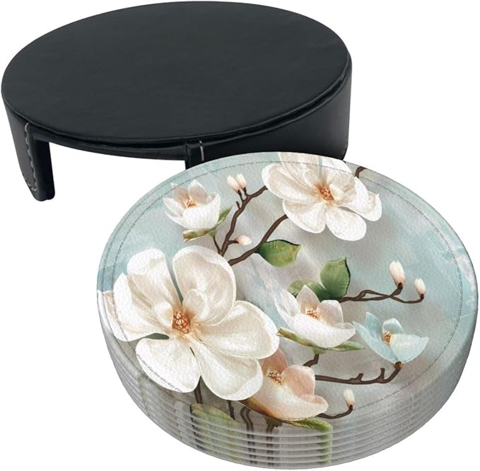 6 Pcs Spring White Blossom Magnolia Flowers Leather Coasters - Image 4