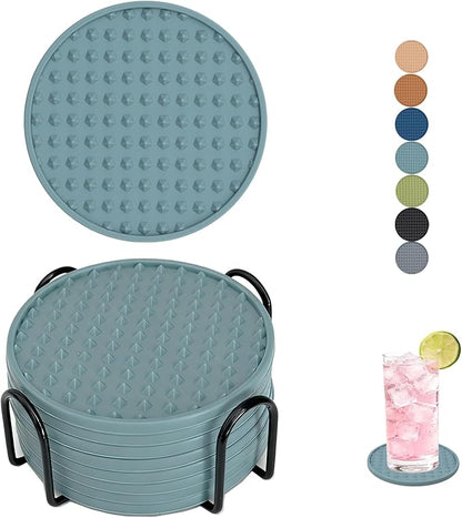 Set of 8 Silicone Coasters, 4'' Drink Coaster with Holder, Round Coasters for Drinks Beer Coffee Home Office Bar Desk Tabletop Protection, Non-Slip Rubber Coaster (Blue, 8 Pcs-Metal Holder)