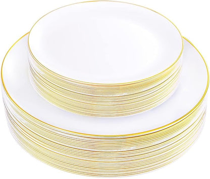KIRE 60PCS Gold Plastic Plates - Thanksgiving Heavy Duty White Disposable Plates with Gold Rim for Party/Wedding- Include 30Pieces 10.25inch Dinner Plate and 30Pcs 7.5inch Dessert Plate