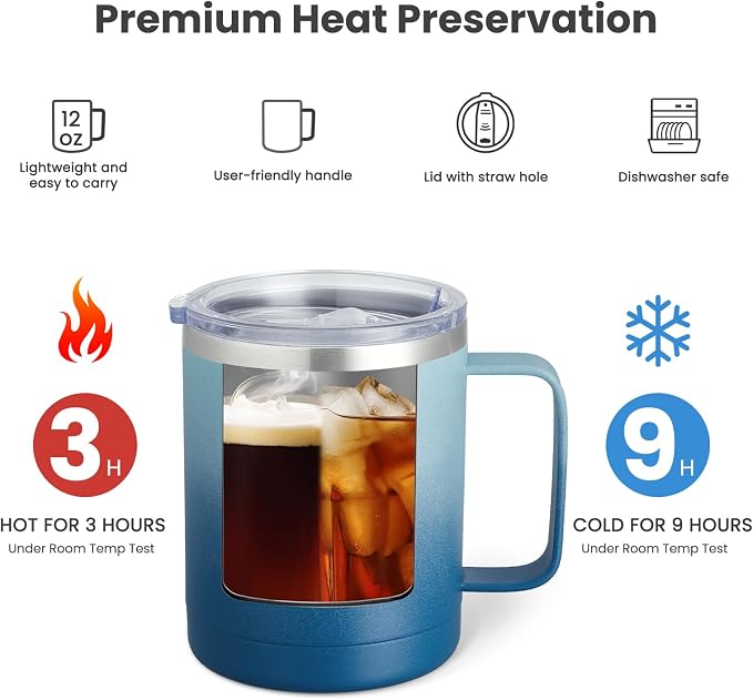 MEWAY 12oz Coffee Mug With Handle and Sliding Lid, Stainless Steel Travel - Image 2