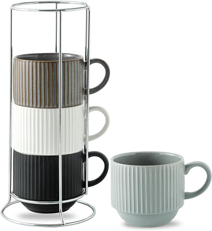 HASENSE Large Coffee Mug Set of 4 - 15 oz Stacking Ceramic Ribbed Latte Cups Set by Hasense