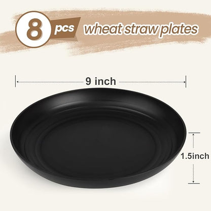 Wheat Straw Plates Set of 8, 9 Inch Dinner Plate for Camping, Picnic, Unbreakable Plastic Plates Reusable, Microwave & Dishwasher Safe Kitchen Plate for Breakfast, Lunch (Black)