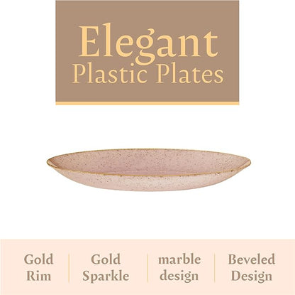 PLASTICPRO 30 Pack Disposable Plastic Plates Heavyweight Granite Look Elegant 7 inch Dinner Plates Pink with Gold Rim