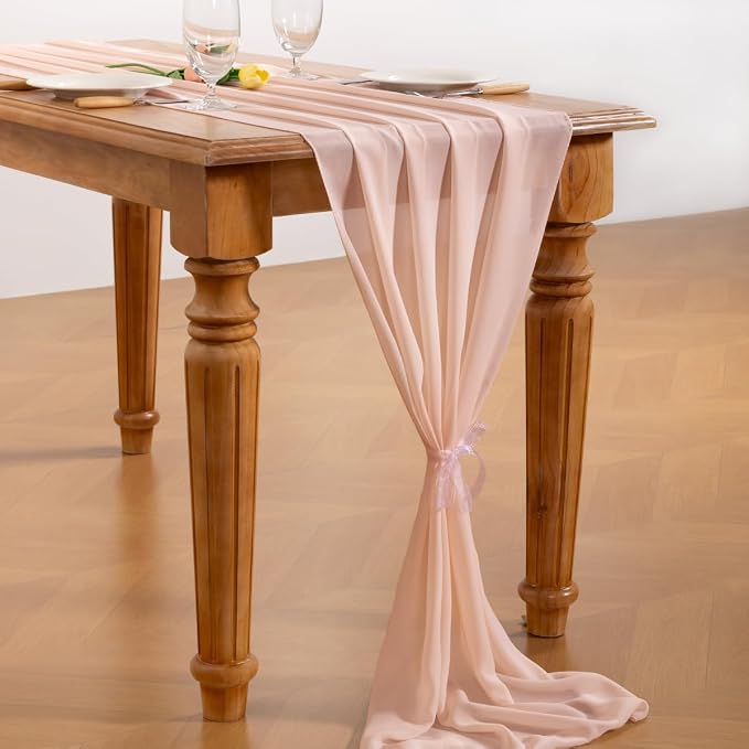 Peach Pink Chiffon Table Runner Summer Boho Wedding Birthday Party Decor | 14ft - Image 4