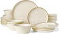 Famiware Saturn Stoneware Dinnerware Sets for 8 (24 Pieces), Ceramic Plates and Bowls Dish Sets with Hand-Painted Trim - Chip & Scratch Resistant, Microwave & Dishwasher Safe Tableware, Vanilla White