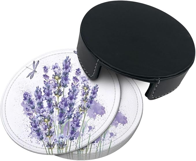 6 Pcs Lavender Flower Purple Floral Dragonfly Leather Coasters - Image 4