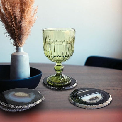 Black Agate Slices Bulk Geode Coasters Set of 4 with Rubber Bumpers - Unique 3-4 Inch Dyed Stone Drink Crystal Coasters for Home Decor, Coffee Table, Bar Accessories