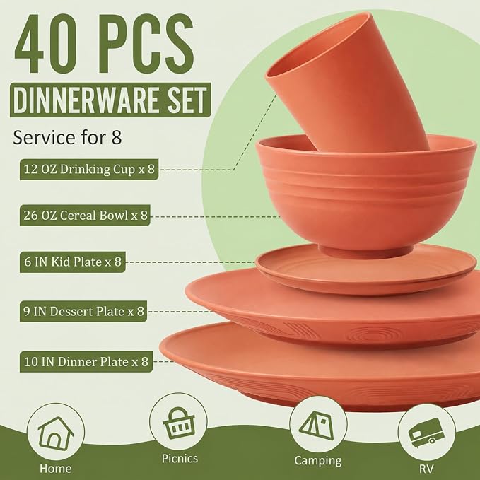 Wheat Straw Dinnerware Sets for 8, 40 Piece Unbreakable Dinnerware Set - Image 2