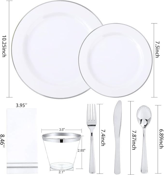 SUT 350 Piece Silver and White Plastic Dinnerware Set - Image 2