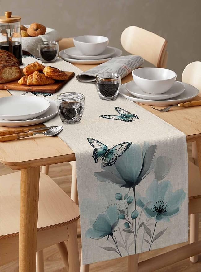 Turquoise Floral Table Runners 72 Inches Long, Spring Flowers Butterfly Table - Image 3