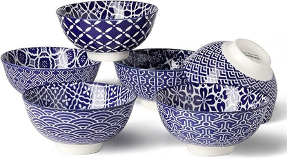 Blue and White Bowls, Ceramic Dessert Bowls 10 Oz, Porcelain Bowl Set for Ice Cream, Decorative Bowls for Snack Soup Condiments, Side Dishes, Set of 6
