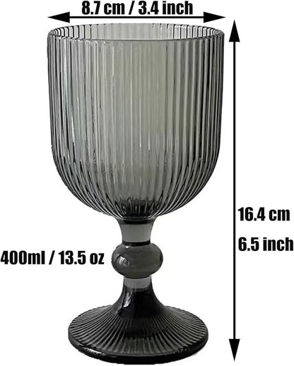 Water Goblets set of 6 Vintage Glassware 13 oz Colored Wine Glass Drinking Glass Vertical Line Embossed Pattern Stemmed Cups for Wedding Party Bar Grey