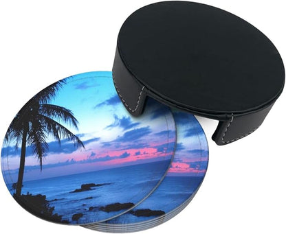 6 Pcs Tropical Ocean Beach Palm Trees Leather Coasters - Image 4