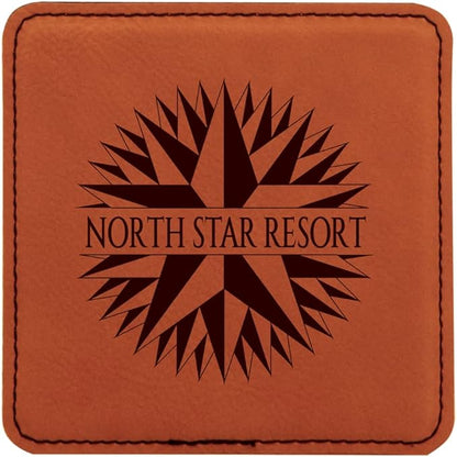 Custom Engraved Coasters | Personalized Leather Coaster | Set of 6 | Drink Coasters with Holder | Laser Engraved | Tabletop Protection | Gift for Couples (Square 4" x 4", Rawhide w/Black)