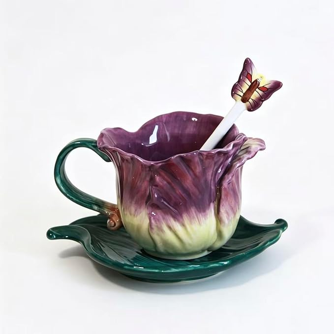 Ceramic Tea Cup and Saucer Set ，6OZ 3D Hand-Painted Flower and Lotus Leaf by Minigift