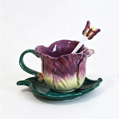 Ceramic Tea Cup and Saucer Set ，6OZ 3D Hand-Painted Flower and Lotus Leaf by Minigift