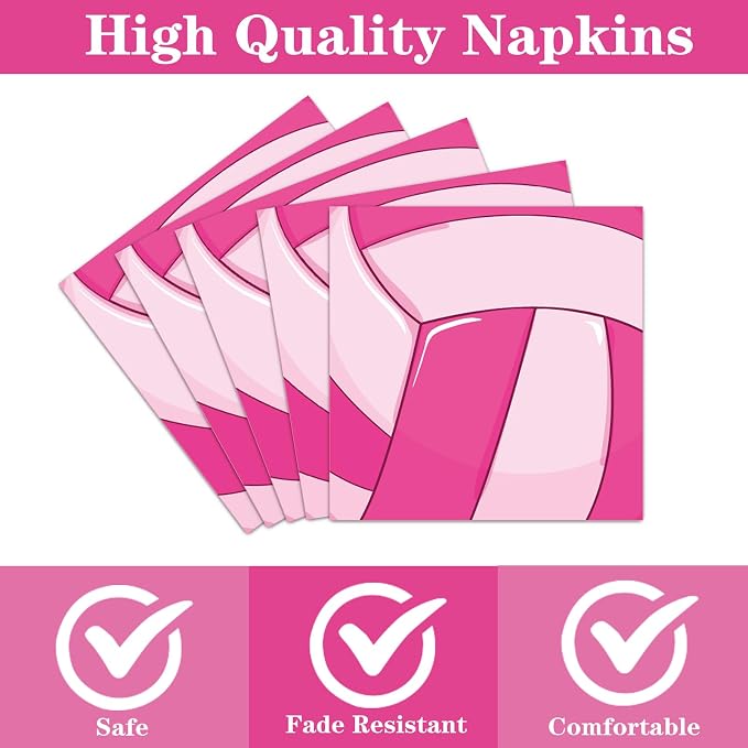 Rakuto Pink Volleyball Party Decorations 96PCS Plates Napkins Set | Pink - Image 3