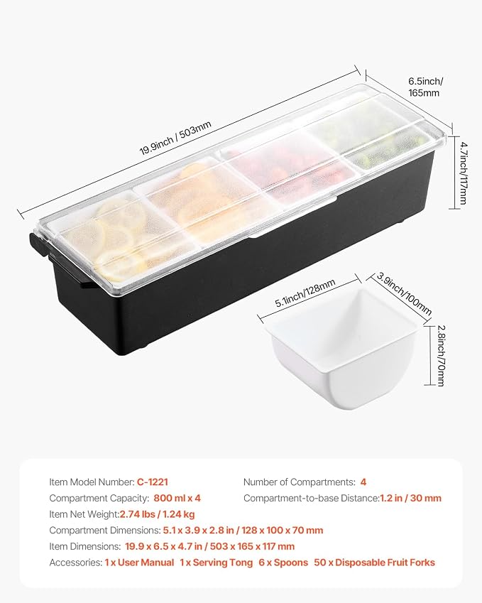 VEVOR Chilled Condiment Server, 4 Compartment Ice Cooled Condiment Serving - Image 7