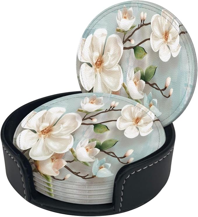 6 Pcs Spring White Blossom Magnolia Flowers Leather Coasters - Image 3