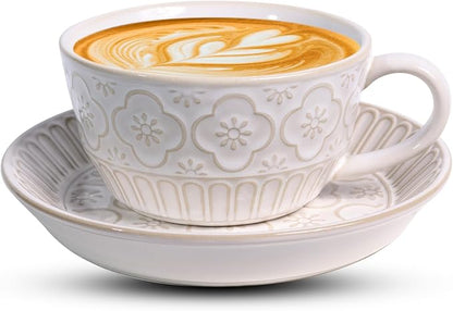 Latte Cup with Saucer, 12 OZ Cappuccino Cup Vintage Cafe Art Cups by Unknown
