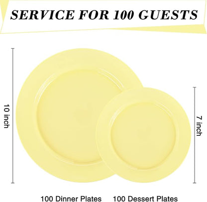 FLOWERCAT 200PCS Yellow Plastic Plates Disposable Plates for Party - Heavy Duty Plastic Plates - 100 10" Dinner Plates and 100 7" Salad Plates for Weddings, Easter Parties and Events