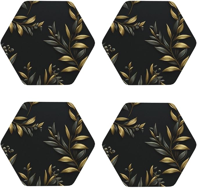 4Pcs Leather Coaster for Drinks Golden Olive Branch Cup Coasters Aesthetic by NONHAI
