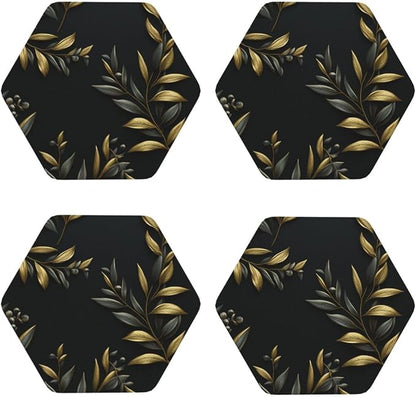 4Pcs Leather Coaster for Drinks Golden Olive Branch Cup Coasters Aesthetic by NONHAI