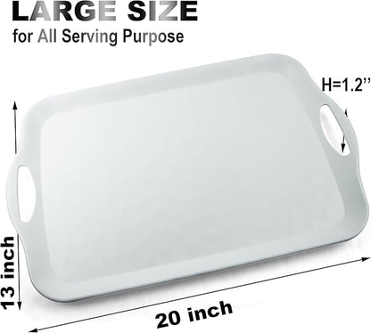 Extra Large Serving Tray with Handles, 20x13 inch, Set of 2 Melamine Platters for Serving Food, Turkey, Cookie, Rectangular Trays for Eating, Raised Dots Matt Finished, Dishwasher Safe, White