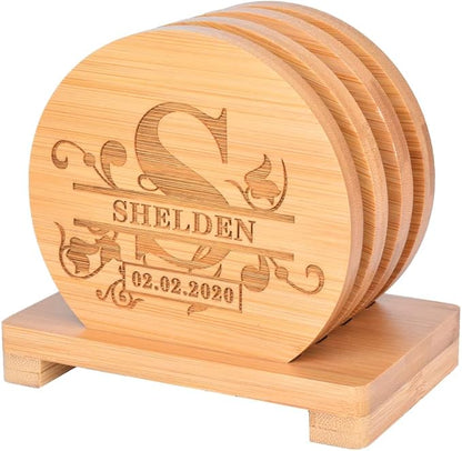 Personalized Bamboo Coasters, Custom Engraved Monogram Coasters with Holder, Great Gifts for Relatives, Friends or Yourself (Set of 4)